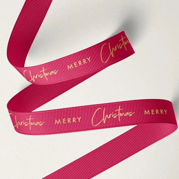 Christmas Cheer Grosgrain Ribbon Red with Gold Text 16 mm Wide
