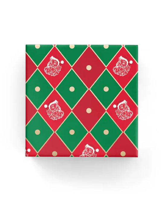 Christmas Wrapping Paper Harlequin Santa Green Red