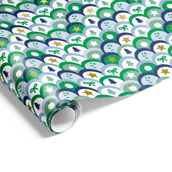 Festive Scollops Blue and Green Wrapping on Matte White Paper