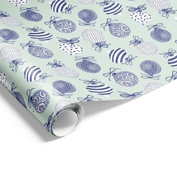 Christmas Water Colour Baubles Blue and Green Wrapping on Matte White Paper