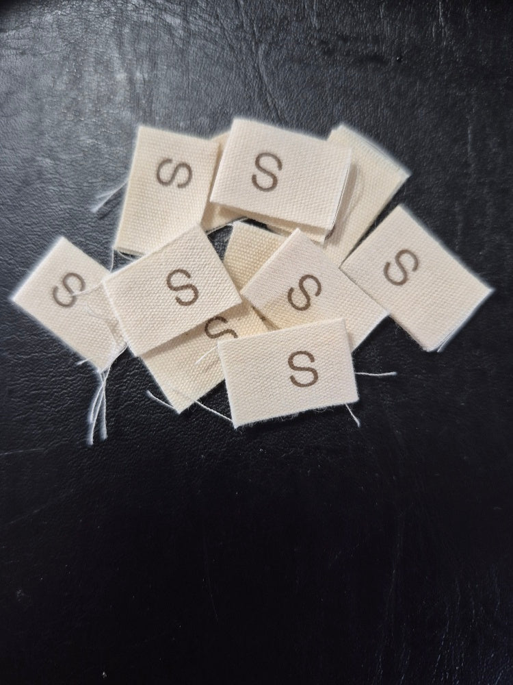 Cream Cotton Size Labels Printed with Brown text - size S