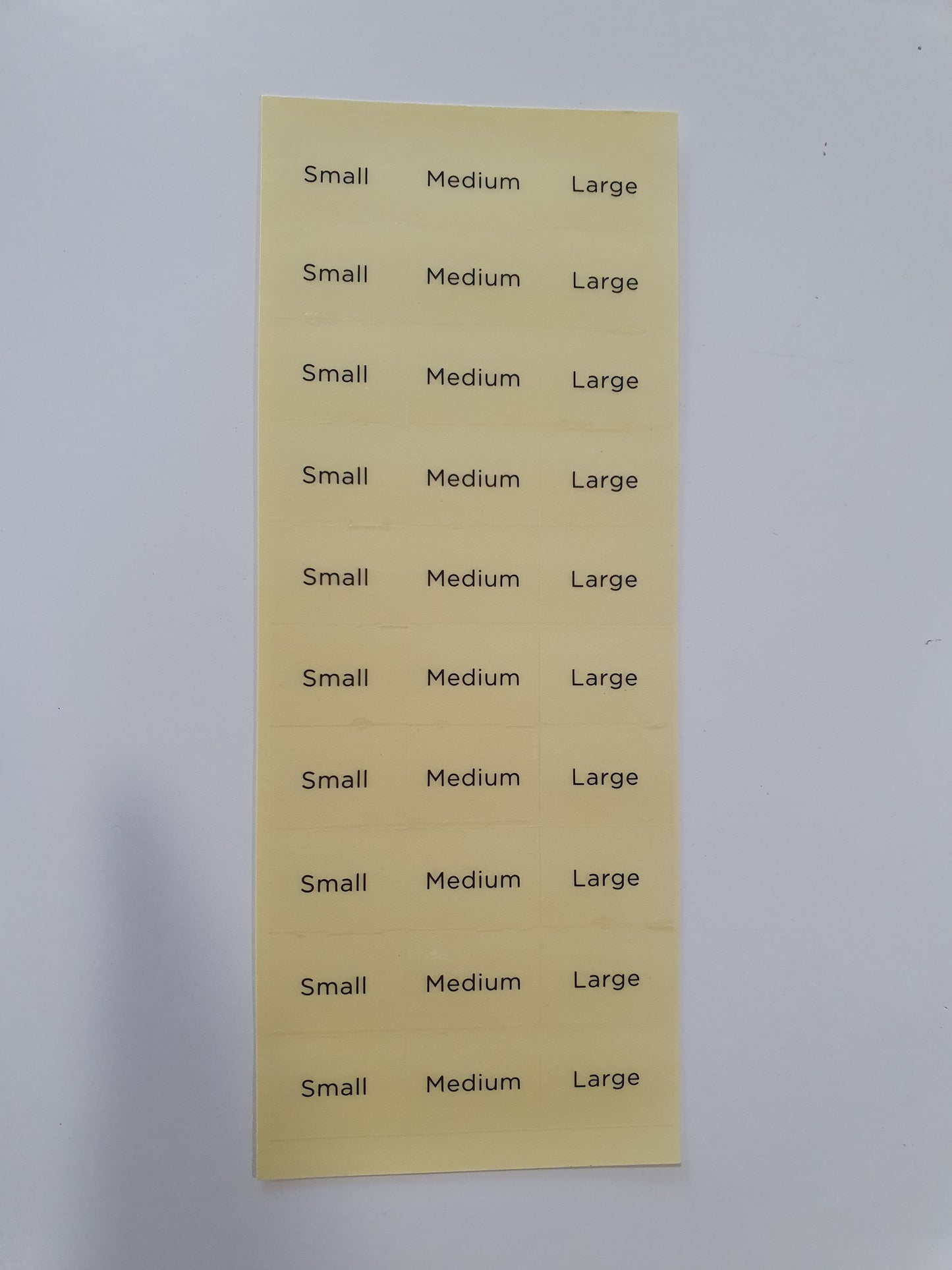 Adhesive Size Labels Small /Medium /Large on Each Sheet