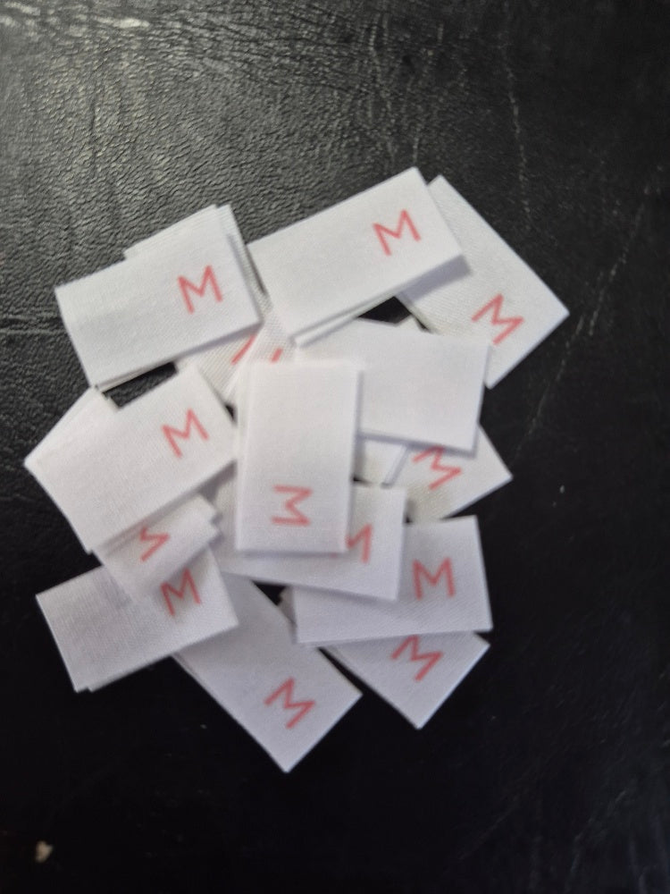 White Cotton Size Labels Printed with Red text - size M