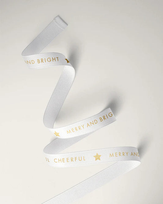 Christmas Cheer Grosgrain  Ribbon White with Gold Text  10 mm Wide