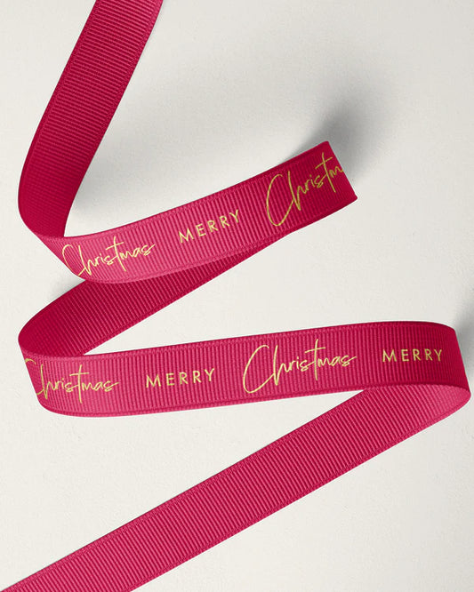 Merry Christmas Grosgrain Ribbon Red with Gold Text 16 mm Wide