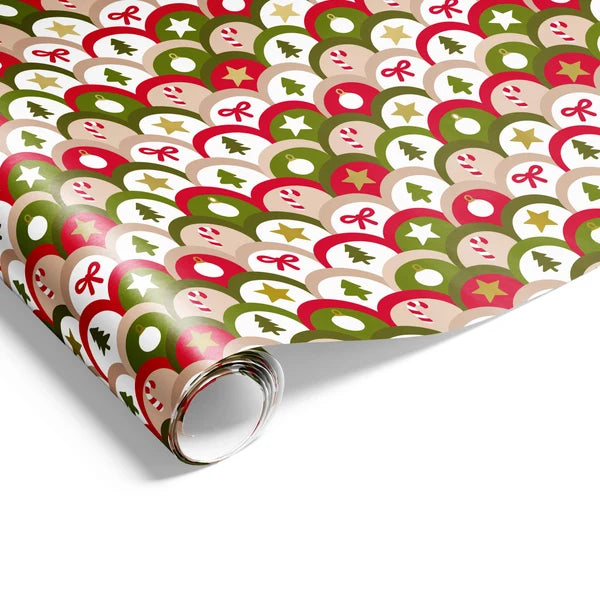 Festive Scallops Dark Red and Olive Wrapping on Matte White Paper