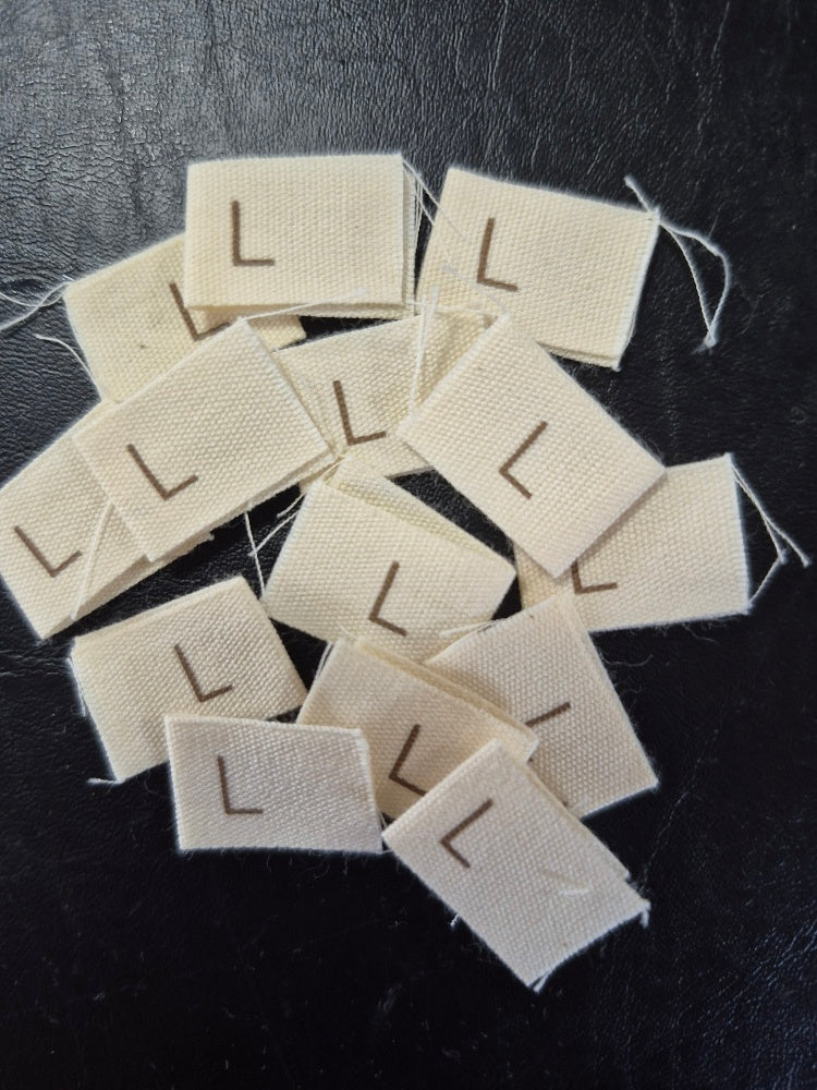 Cream Cotton Size Labels Printed with Brown text - size L