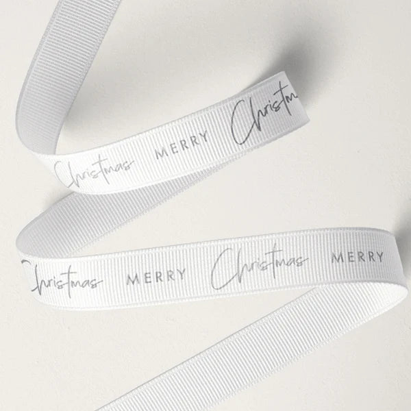 Christmas Cheer Grosgrain  Ribbon White with Silver Text  16 mm Wide