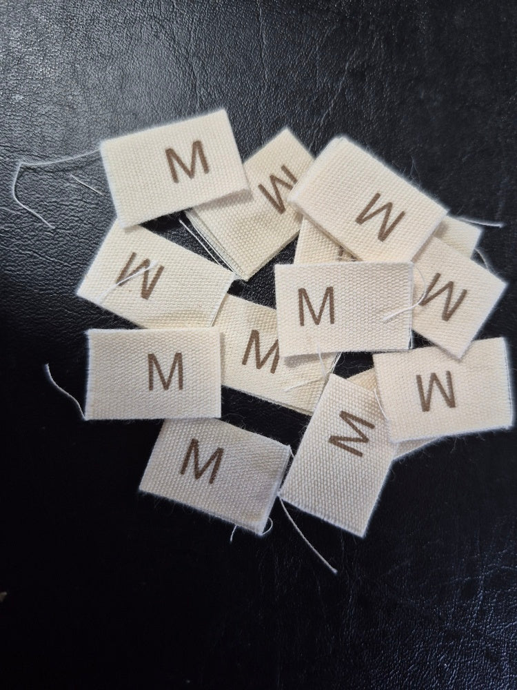 Cream Cotton Size Labels Printed with Brown text - size M