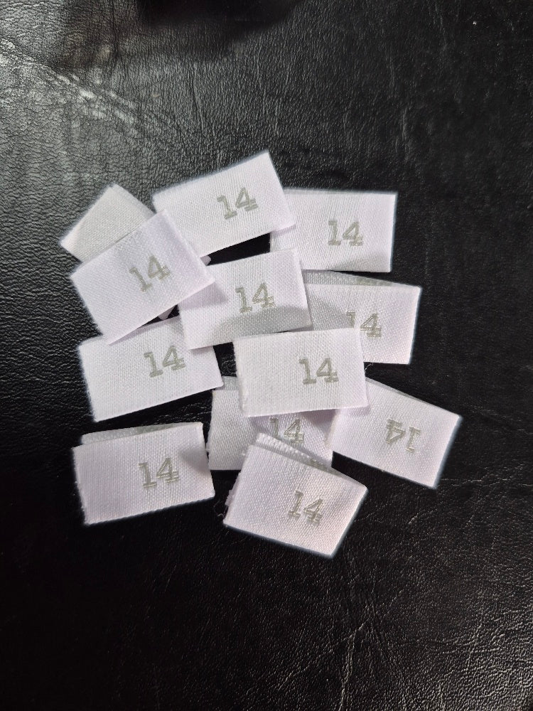 Woven Labels with Grey Text - Size 14 Side Sew In