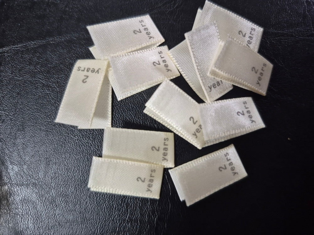 Cream Satin Labels with Brown Text- Size 2 Years