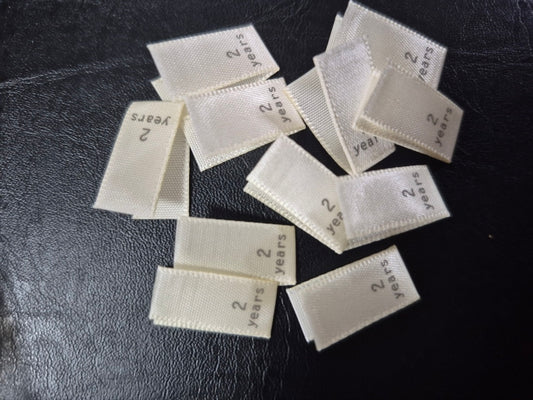Cream Satin Labels with Brown Text- Size 2 Years