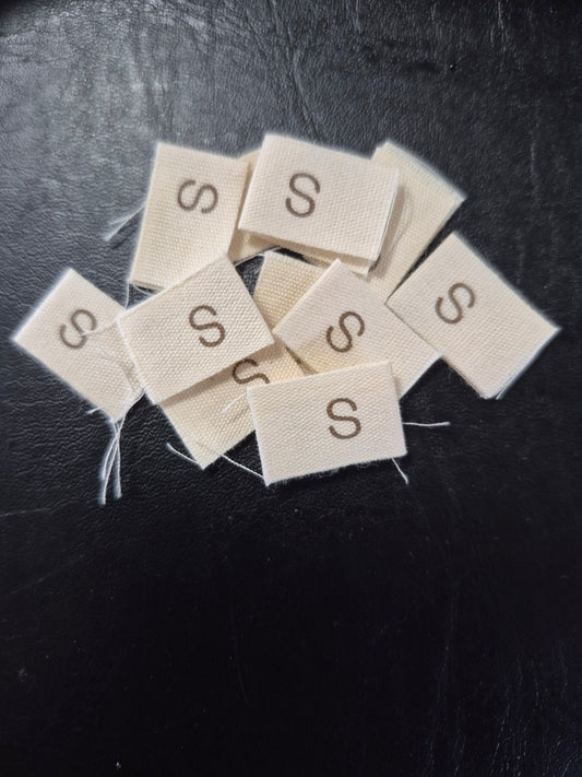 Cream Cotton Size Labels Printed with Brown text - size S