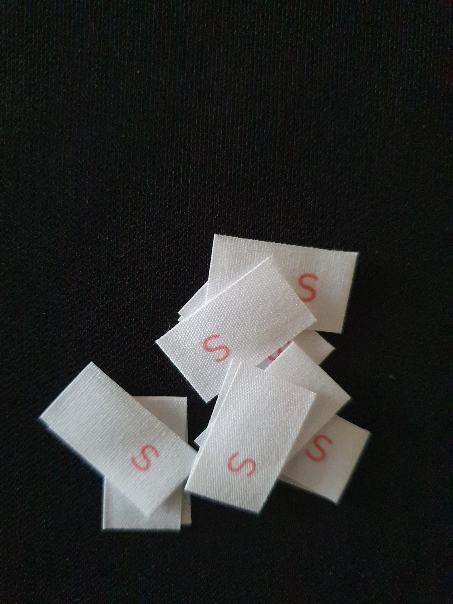 White Cotton Size Labels Printed with Red text - size S